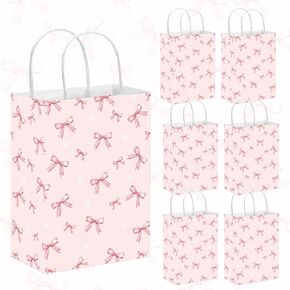 SMARSTICKER Coquette Pink Bow Paper Gift Bags 12 Pcs Women Birthday Party Favor Bags with Handles Bow Themed Goodie Knot Treat Candy Bags for Bridal Engagement Party Supplies (Pink)