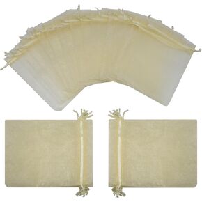 Ankirol 100pcs Sheer Organza Favor Bags 5x7'' For Wedding Gift Bags Samples Display Drawstring Pouches (blue-gold swirl)