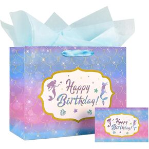 VOKT Birthday Gift Bag with Handles, 13" Mermaid Themed Large Gift Bag for Birthday Party with 2 Tissue Papers, 1 Greeting Card, 1 Envolope, Reusuable Happy Birthday Bag for Kids Girls Women