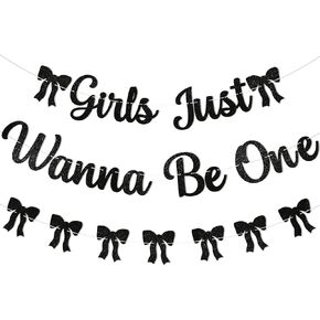 Girls Just Wanna Be One Banner - Girls First Birthday Decorations, Pink Bow 1st Birthday Banner for Girls 1st Birthday Anniversary Party, Girls Just Wanna Be ONE Birthday Party Supply Rose Gold Glitter