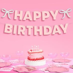 xo, Fetti Happy Birthday Bow Banner Iridescent Foil + Pink Glitter, 5 Ft. | Birthday Party Decoration, Coquette HBD Decor, 21st Bday Supplies, Photobooth Backdrop