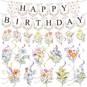25Pcs Wildflower Birthday Decorations for Girl, Flower Birthday Decorations Floral Party Decorations with Happy Birthday Banner Garland Hanging Swirls Wildflower Baby Shower Decorations for Women