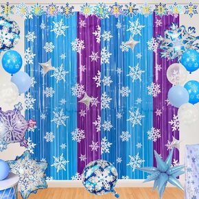 3Pcs Frozen Birthday Decorations,Snowflake Backdrop,Snowflake Tinsel Foil Fringe Curtains with Happy Birthday Banner,Balloons for Snowflake Birthday Party Decor