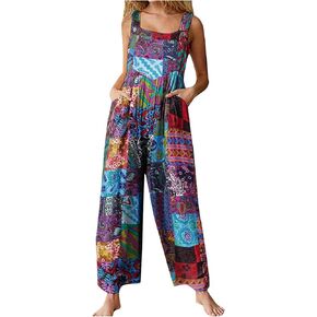 Jumpsuit for Women 2024 Dressy Casual Adjustable Straps Sleeveless Print Summer Cute Linen Rompers with Pocket