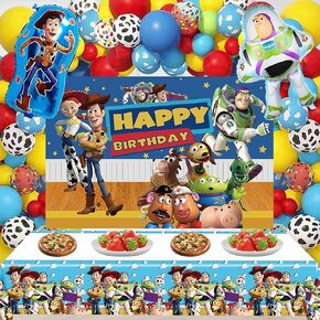 Cartoon Story Birthday Decorations, Toy Theme Party Balloons Arch, Include Balloon Arch Kit Supplies, Backdrop, Tablecloth, for Cartoon Theme Birthday Decorations Indoor Outdoor Gathering