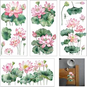 GLOBLELAND 4 Sheets Lotus Furniture Transfer 6x12inch Lotus Flowers and Leaves Rub on Transfer Self-Adhesive Wall Art Decals for Bedroom Living Room Desk Table Decoration