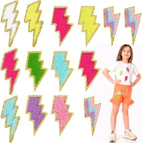 14pcs Golden Edges Lightning Iron On Patch Chenille Embroidery Bolt PatchTrimmed Embroidered Patches Sew On Patch for DIY Hats Bags Jackets Clothing Repair Decor
