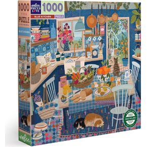 eeBoo Piece and Love Blue Kitchen 1000 Piece Square Adult Jigsaw Puzzle/Ages 14+ (PZTBUK)