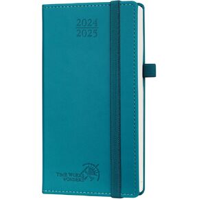 POPRUN Pocket Planner 2024-2025 (3.5'' x 6.5'') 17 Months Academic Calendar (Aug.2024 - Dec.2025), Weekly Appointment Book with Vegan Leather Hard Cover, Elastic Closure, Pen Holder - Pacific Green