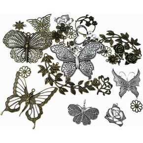 Butterfly Flower Leaf Charm Pendant for DIY Jewelry Making Accessaries(29pcs,Silver&Bronze Tones)
