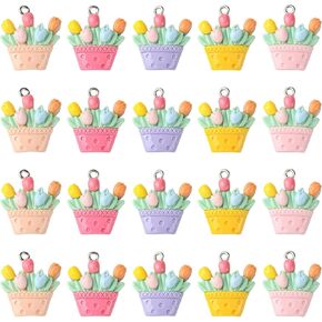 UR URLIFEHALL 50 pcs 5 Colors Resin Tulip Charms Opaque Flower Pot Charms Cute Floral Charms for Bracelet Necklace Earrings Jewelry Making