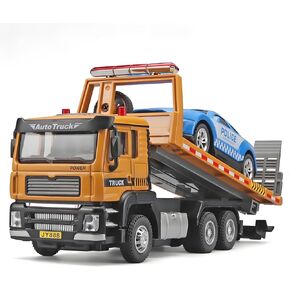 Tow Trucks for Boys Age 3-5,Toy Tow Truck Metal Cab,Flatbed Truck Toy with Toy Car,Truck and Trailer Toys for Boys,Pull Back Tow Truck Toy with Lights and Sounds,Tow Trucks for Boys Age 4-7