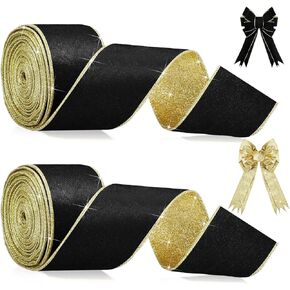 Canlierr 20 Yards Velvet Wired Ribbon with Gold Glitter Back, 2.5 Inch Two Sided Wired Ribbon for Gift Wrap Bow Party Decoration Wreaths Crafts DIY(Black Gold)