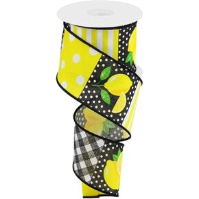 Craig Bachman, 2.5" Lemon Block Ribbon: Black & White (10 Yards) - Lemon Black White Yellow Wired Edge Ribbon