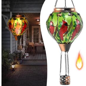Hot Air Balloon Solar Lantern - Owl Bird Stained Glass Lantern with Simulated Flickering Flame, Outdoor Hanging Yard Light Waterproof IP65 & Weather Resistant for Patio Lawn Porch Decor Gfit