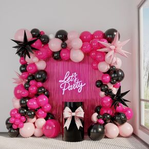 Pink Coquette Birthday Decorations 121Pcs Balloon arch kit with Bow Banner Party Decor and Heart shape Foil Balloons for Women Girl Birthday Galentines Party Supplies