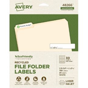 Avery Avery Ecofriendly Filed Folder Folder Folder ، 2/3 "× 3-7/16" ، لاصق ملصق أبيض ودائم ، 750 ملصقات قابلة للطباعة (48266)