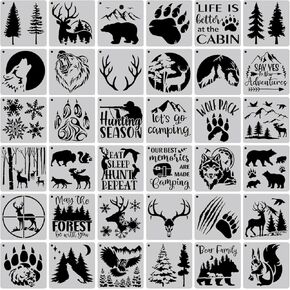 36pcs 5 Inch Forest Deer Mountain Animal Aspen Trees Stencils Reusable Branches Stencils Plastic Winter Craft Stencil Drawing Supplies for DIY Craft Wall Decor