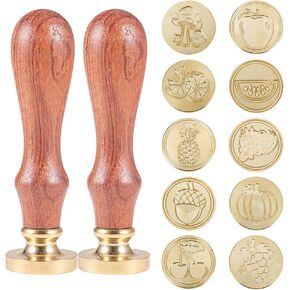 CRASPIRE Wax Seal Stamp Set, 10PCS Sealing Wax Stamps Brass Heads Fruit Vegetable Theme 2PCS Wood Handle Retro Brass Stamp Kit 25mm Removable for Letter Envelope Invitation Wedding Embellishment Gift