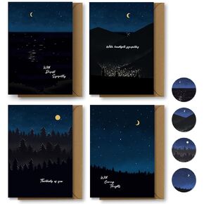 Sympathy Cards with Envelopes,24 Pack,4"×6",4 Designs Assortment, Rustic Condolences Cards with Kraft Envelopes & Stickers,Bereavement Cards Bulk,Night Landscape