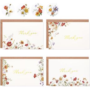 Crisky 4 Assorted Gold Foil WildFlowers Thank You Cards, (50 Cards with Envelopes for Birthday, Baby Shower, Bridal Shower, Wedding, All Occasion)