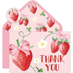24 Pack Strawberry Pink Bow Thank You Cards Watercolor Flower Bow Strawberry Greeting Cards With Envelopes Stickers Blank Note Cards for Birthday Baby Shower