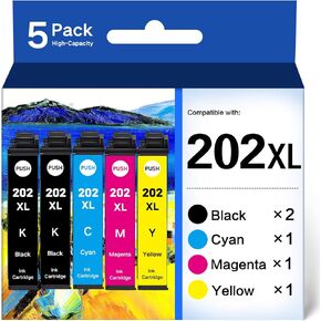 202XL Remanufactured for Epson Printer for Epson 202 202 XL Ink Cartridges Multipack for WF-2860 XP-5100 Printer Ink Cartridge 5 Pack [ Black Cyan Magenta Yellow ]