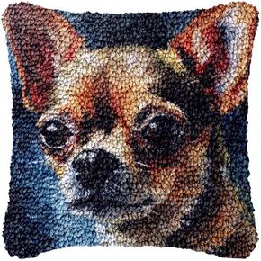 Chihuahua Dog Latch Hook Pillow Cover Kits for DIY Handmade Throw Pillow Cross Stitch Latch Hook Pillowcase Rug Kits with Preprinted Color Pattern Canvas Crochet Yarn Kits 17''X 17''(n62)