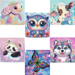 6 Pack 5D Cartoon Diamond Painting Kits for Kids, Cute Animals Diamond Art Kits for Kids Beginners, DIY Kids' Mosaic Kits Gem Art Dots Crafts for Girls Boys Ages 6-8-9-10-12, Home Wall Decor 6X6 Inch