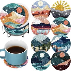 Sunnyray 8 Pcs Diamond Painting Coasters Landscape Diamond Paint Art Kits with Holder Shining Drink Coasters for Birthday Presents Beginners Craft Supplies Kid Adults