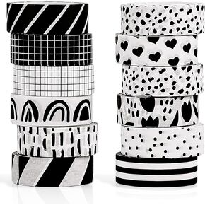 Outus 12 Rolls Washi Tape Set Black White Paper Thin 15 mm Wide 7 Meters Long Decorative Craft Adhesive Masking Tape Washi Tape Black White Strip for DIY Wrapping Decoration (Stylish Style)