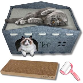 MalúPetInc, Cat Bed for Indoor, Peekaboo Cave Cozy Cat Hideaway & Cat Den for Multiple and Large Cats (Up to 30 lbs), Scratch-Resistant, Carboard Scratcher & Ali y Roller, Dark Grey