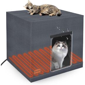 Large Heated Cat House for Outdoor Cats in Winter, Weatherproof & Elevated Outdoor Feral Cat House with Pet Heating Pad Bed, Outside Cat House for Stray Barn Cat