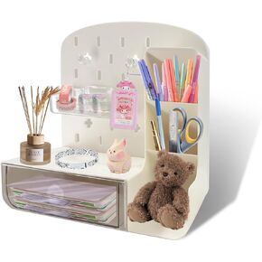Desktop Storage Organizer,Cave Board Stand Organizer with Drawers,Desktop Storage Rack with Pegboard Hooks, Multifunctional Pen Holder Desk Tidy Organiser for Office Supplies Home(White) in Kuwait