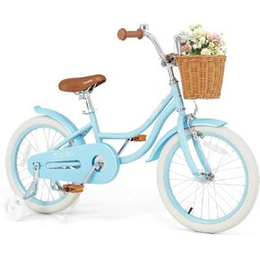 Olakids Kids Bike, 14 16 18 Inch Toddlers Bike with Training Wheels Rattan Basket Safety Bell Adjustable Seat and Handlebar, Children's Bicycle for Girls Boys Age 3-8