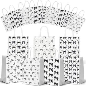 24 Pcs Black Bow Themed Party Favor Paper Bags,Black and White Birthday Decoration Bow Gift Treat Goodie Candy Bags with Handles for Birthday Bridal Engagement Bachelorette Baby Shower Party Supplies