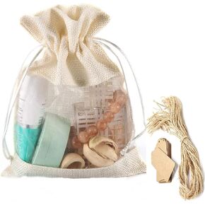 KUPOO 20PCS 3.5x5.5 Inches Clear Window Small Linen Burlap Sheer Organza Gift Bag for Wedding Party Favors Cosmetic Samples Goodies Mesh Pouch (Natural)