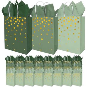 FYSUIMU 36 Pcs St. Patrick's Day Sage Green Paper Gift Bags with Tissue Paper Foil Gold Polka Dots Party Favor Bags with Handle Gradient Goodie Candy Treat Bags for Wedding Baby Shower, 3 Colors
