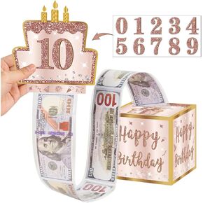 Happy Birthday Money Gift Box with DIY Stickers for Any Age - Pink Rose Gold Surprise Birthday Party Cash Gift Box with Pull Out Card for Women Girls - A Fun Way to Present Cash as Gifts