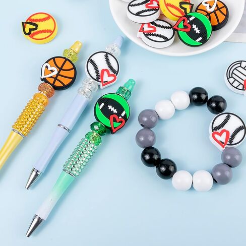 LUBINGSHINE 12pcs Sports Ball Silicone Focal Beads for Pens, Silicone Bulk Beads Charms for Jewelry Making Bracelet Necklace Keychain Handmade Crafts (Sports Ball) in Saudi Arabia