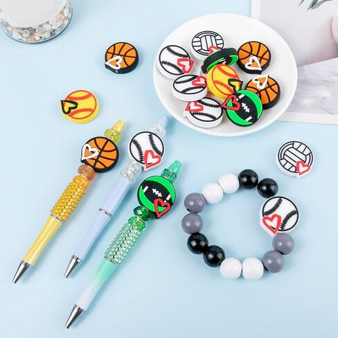 LUBINGSHINE 12pcs Sports Ball Silicone Focal Beads for Pens, Silicone Bulk Beads Charms for Jewelry Making Bracelet Necklace Keychain Handmade Crafts (Sports Ball) in Saudi Arabia