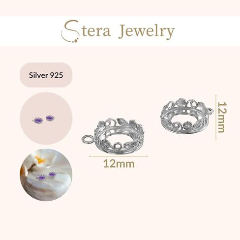 925 Sterling Silver Pendant Tray - 2 pieces of 14mm Round Crown Bezel Settings with 1 Loop - Silver Bezels for Jewelry Making - Perfect for Pendants and Earrings in Kuwait