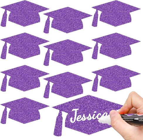 Whaline 50 Pcs Grad Caps Cutouts Glitter Purple Graduation Hat Paper Cutting with 100 Pcs Glue Points Grad Cap with Tassel Shaped Confetti for High School College Graduate Party, 5.7 Inch in Saudi Arabia