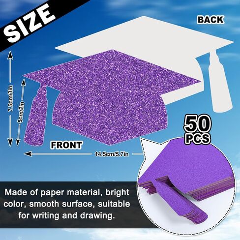 Whaline 50 Pcs Grad Caps Cutouts Glitter Purple Graduation Hat Paper Cutting with 100 Pcs Glue Points Grad Cap with Tassel Shaped Confetti for High School College Graduate Party, 5.7 Inch in Saudi Arabia