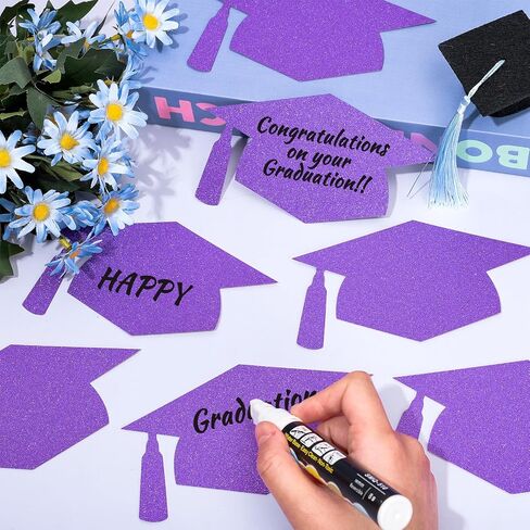 Whaline 50 Pcs Grad Caps Cutouts Glitter Purple Graduation Hat Paper Cutting with 100 Pcs Glue Points Grad Cap with Tassel Shaped Confetti for High School College Graduate Party, 5.7 Inch in Saudi Arabia