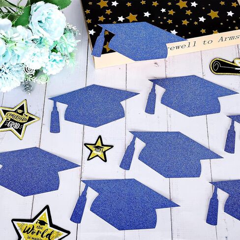 Whaline 50 Pcs Grad Caps Cutouts Glitter Purple Graduation Hat Paper Cutting with 100 Pcs Glue Points Grad Cap with Tassel Shaped Confetti for High School College Graduate Party, 5.7 Inch in Saudi Arabia