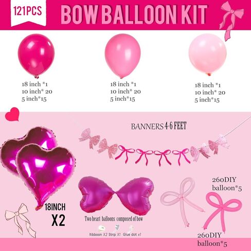 زخارف عيد ميلاد Pink Coquette 121pcs البالون أكياس مع ديكور الحفلات راية القوس والبالونات على شكل القلب للنساء in Kuwait