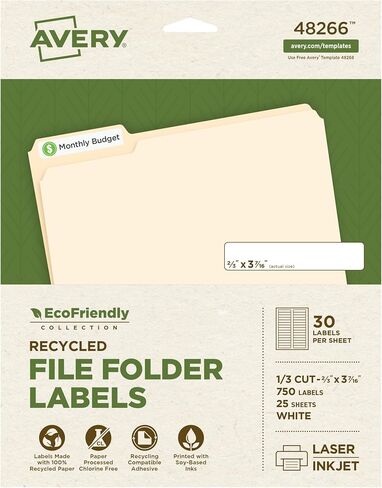 Avery EcoFriendly Recycled File Folder Labels, 2/3" x 3-7/16", White, Permanent Label Adhesive, 750 Printable Labels (48266) in Kuwait