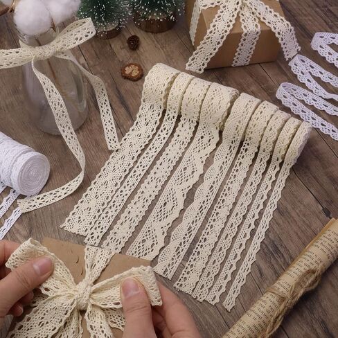 Beige Lace Ribbon 18 Yards Cotton Lace Trim Vintage Crochet Lace Ribbon Trim for Bridal Wedding Decoration Christmas Package DIY Sewing Craft Supply in Kuwait