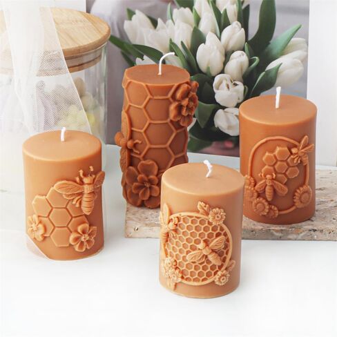 Bee Honeycomb Flower Cylinder Candle Mold, Honeybee Beehive Pillar Silicone Mold for Beeswax Candle, Soy Wax Candle, Plaster Ornament, DIY Crafts (B) in Saudi Arabia